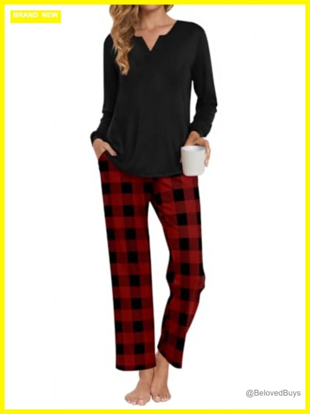 Womens 2 Piece Fall Pajama Set Long Sleeve V-Neck Pockets Sleepwear